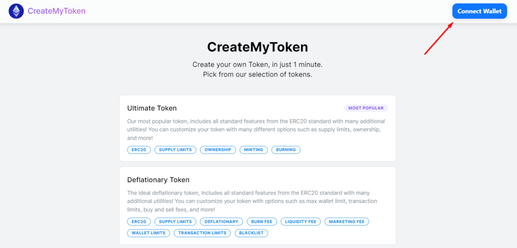 Підключення криптогаманця до Create my token